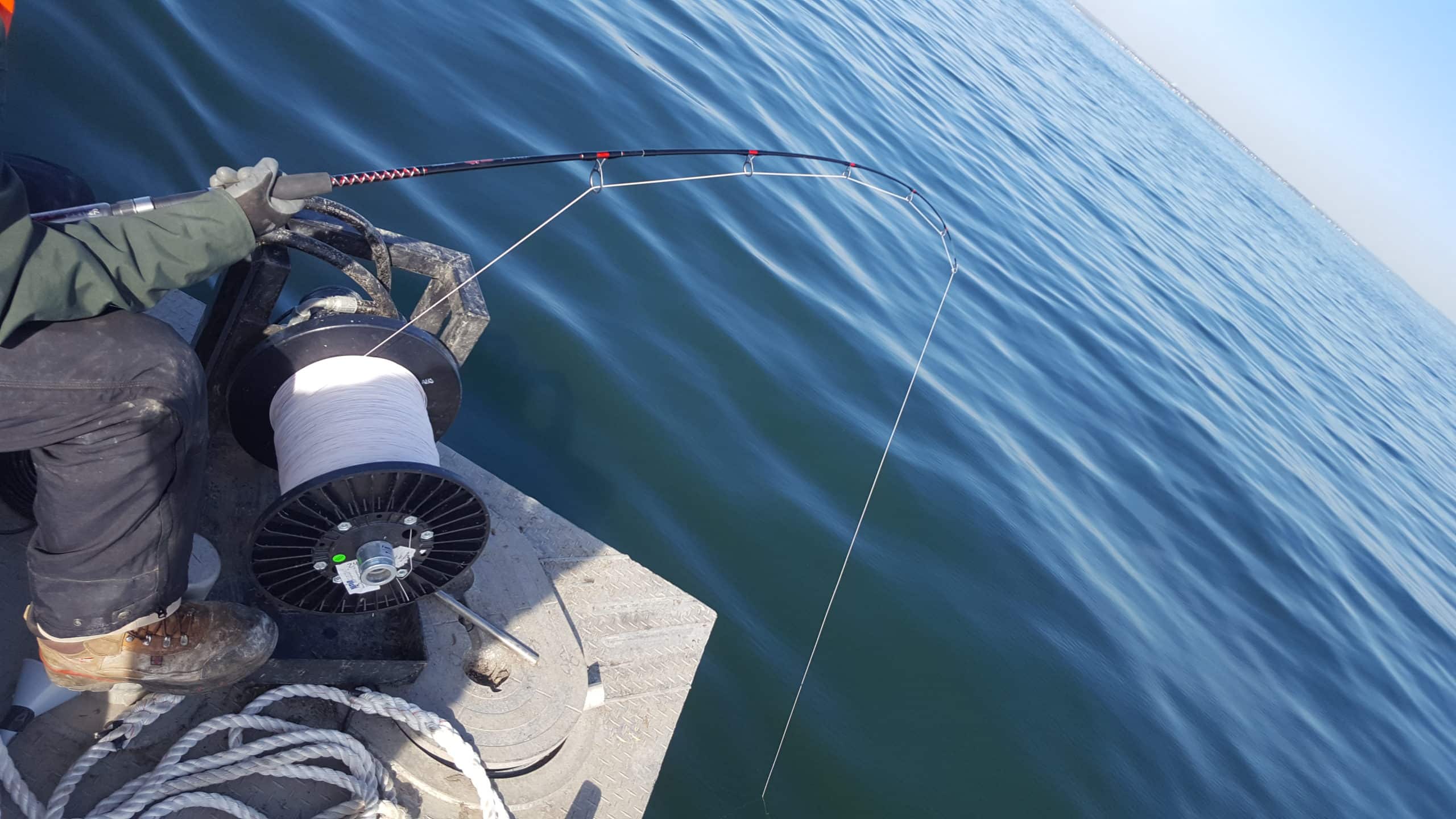 Photo of white wire being spooled onto reel